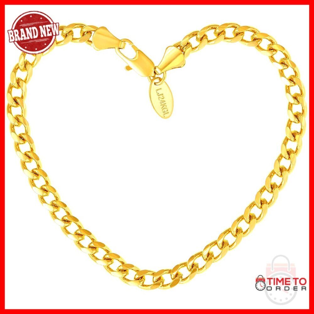 5mm Cuban Link Chain Bracelet 24k Gold Plated Lobster Clasp 7-9 Inches